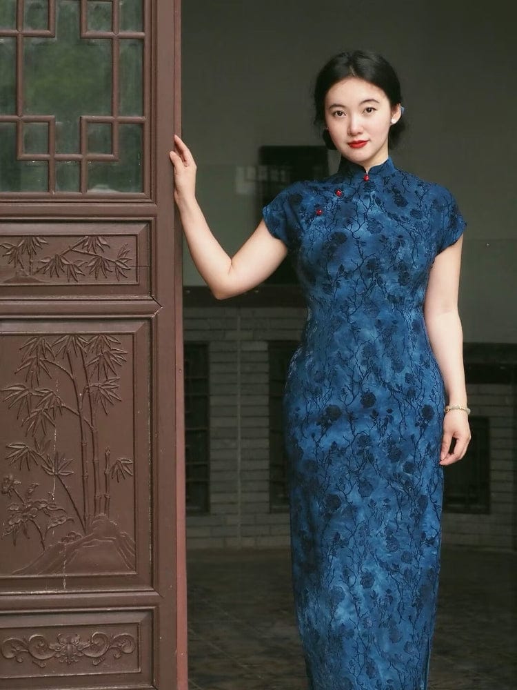 Beth and Brian Qipao-JNX Floral pattern, blue long plus size Cheongsam