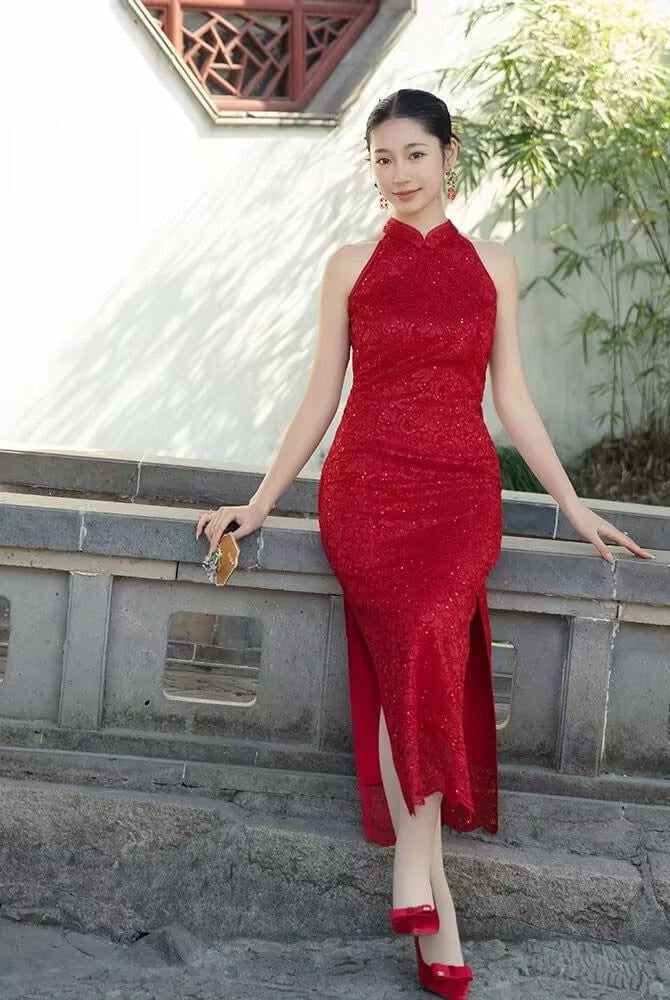 Beth and Brian Qipao-JNX Sleeveless, halter wedding midi Cheongsam
