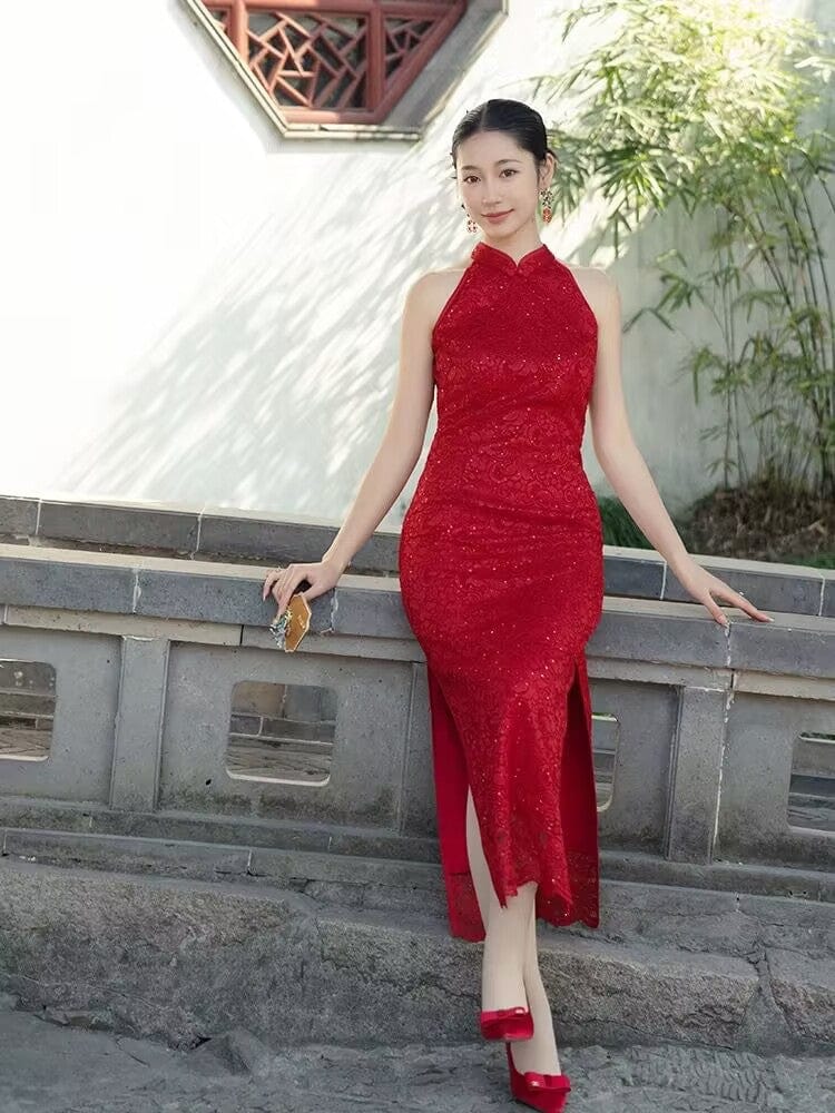 Beth and Brian Qipao-JNX Sleeveless, halter wedding midi Cheongsam
