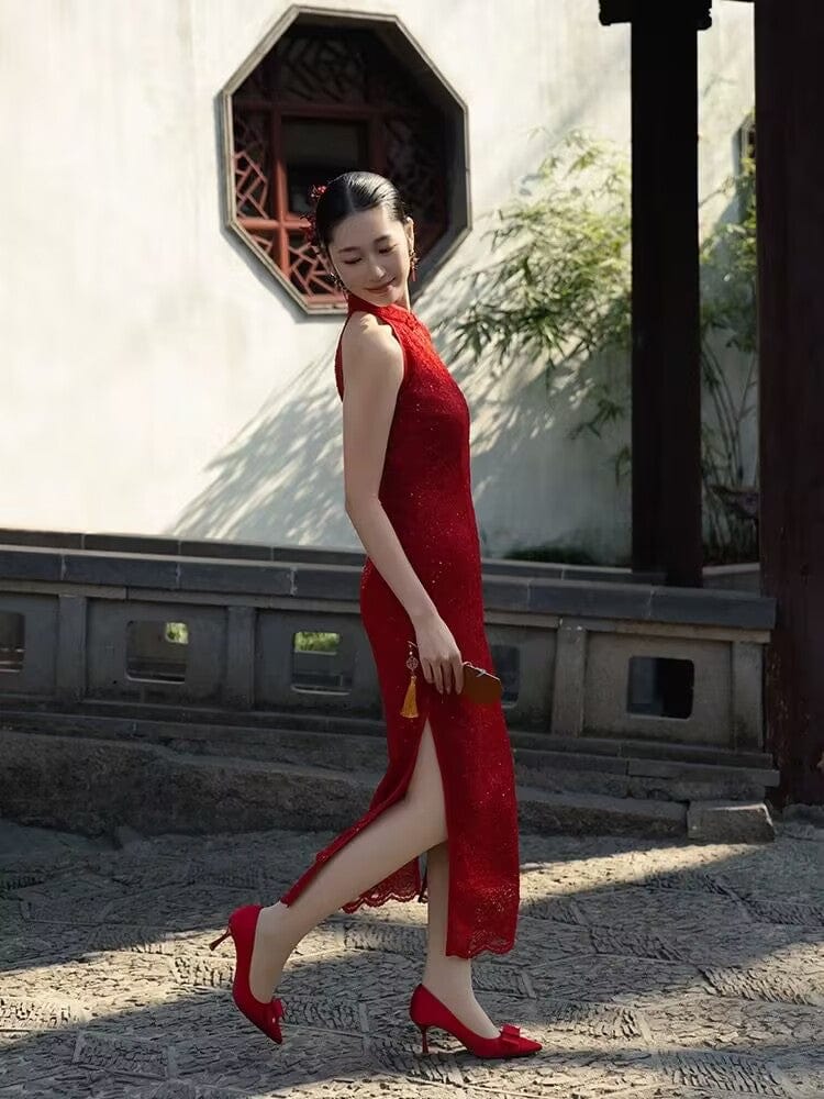 Beth and Brian Qipao-JNX Sleeveless, halter wedding midi Cheongsam