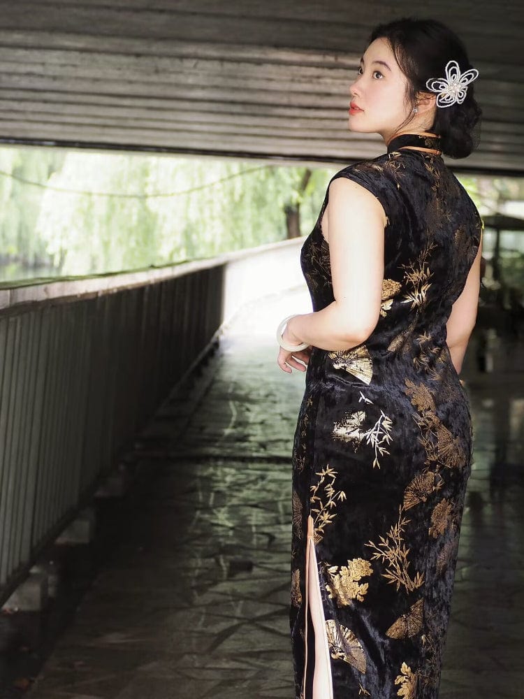 Beth and Brian Qipao-JNX Plus size, Sleeveless, New Chinese style(新中式), black long Cheongsam