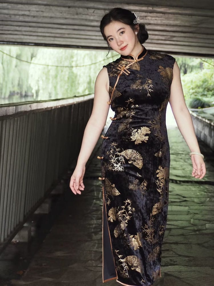Beth and Brian Qipao-JNX Plus size, Sleeveless, New Chinese style(新中式), black long Cheongsam