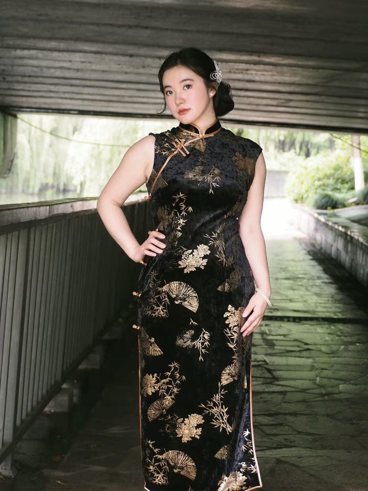 Beth and Brian Qipao-JNX Plus size, Sleeveless, New Chinese style(新中式), black long Cheongsam