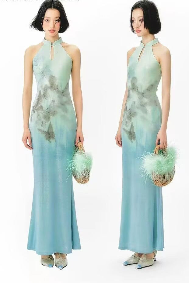 Beth and Brian Qipao-YE Butterfly pattern, New Chinese style (新中式), Halter long Cheongsam