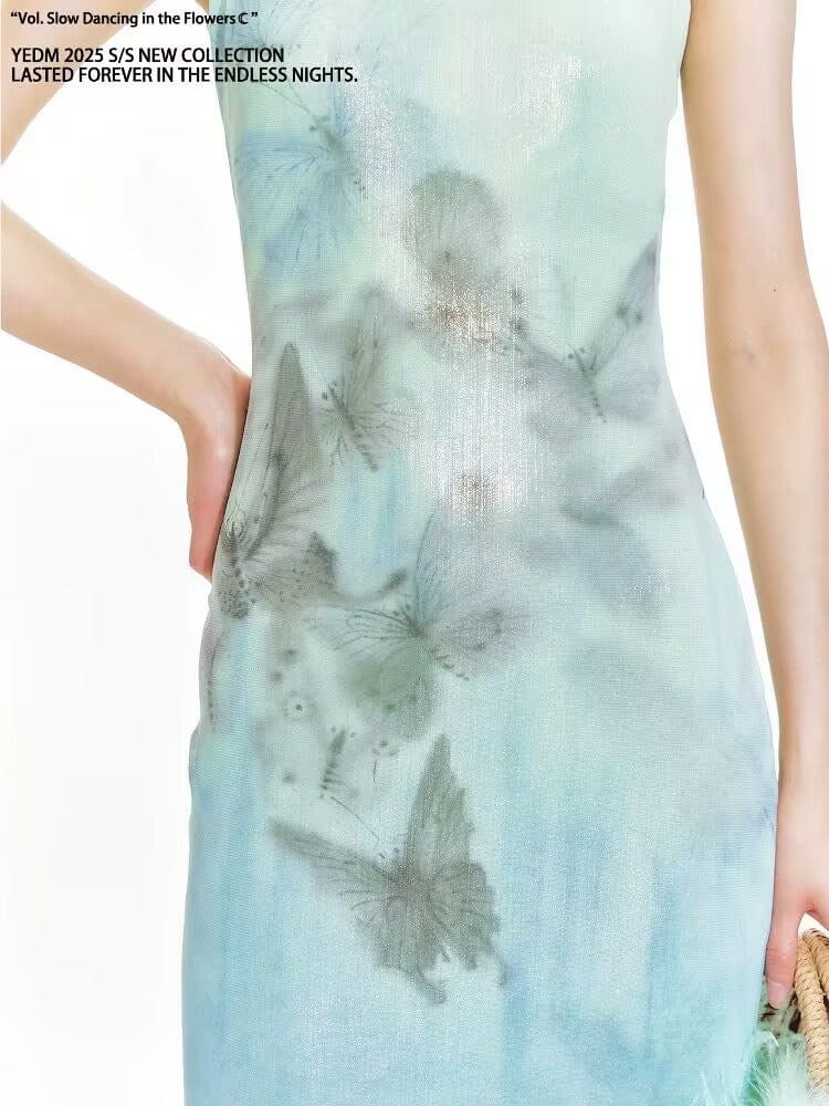 Beth and Brian Qipao-YE Butterfly pattern, New Chinese style (新中式), Halter long Cheongsam