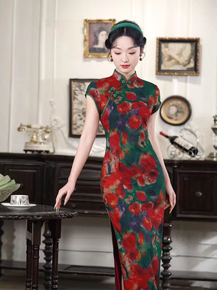 Beth and Brian Qipao-XL Floral pattern, red and green, daily long Cheongsam