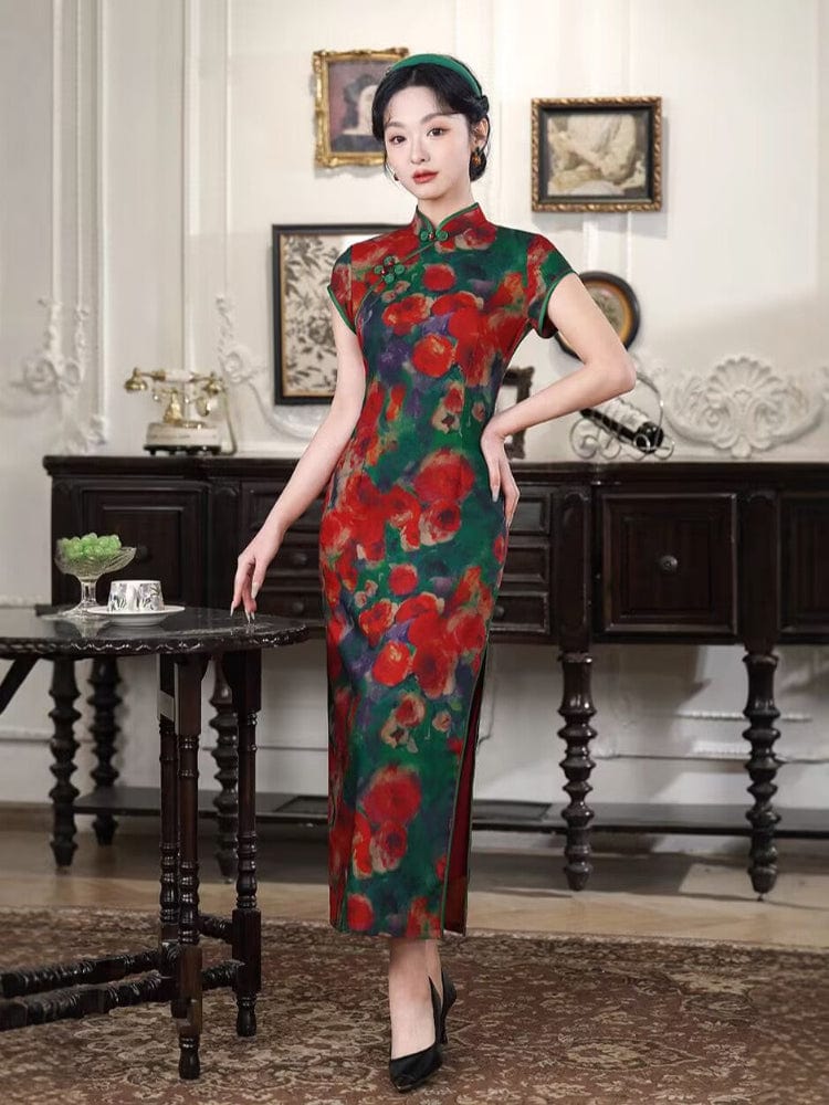 Beth and Brian Qipao-XL Floral pattern, red and green, daily long Cheongsam