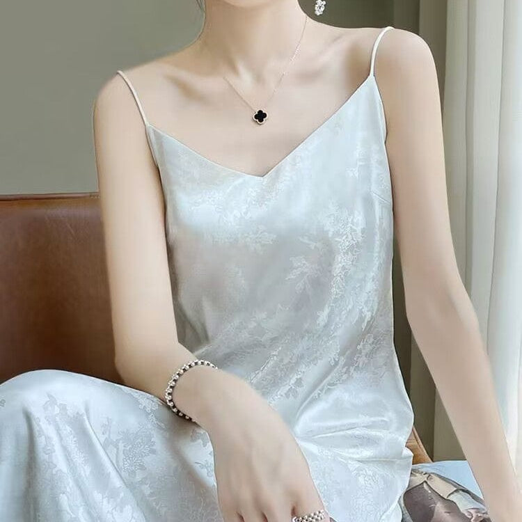 Beth and Brian Qipao-BN V-Neck Spaghetti Strap Qipao Dress, Jacquard Spaghetti Strap Qipao Dress