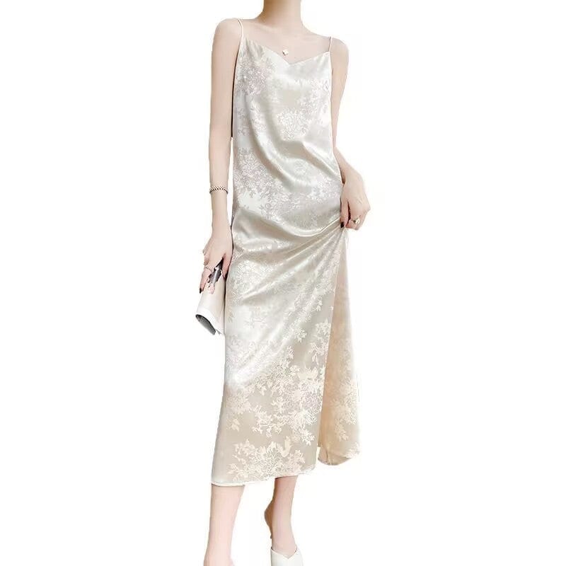 Beth and Brian Qipao-BN V-Neck Spaghetti Strap Qipao Dress, Jacquard Spaghetti Strap Qipao Dress