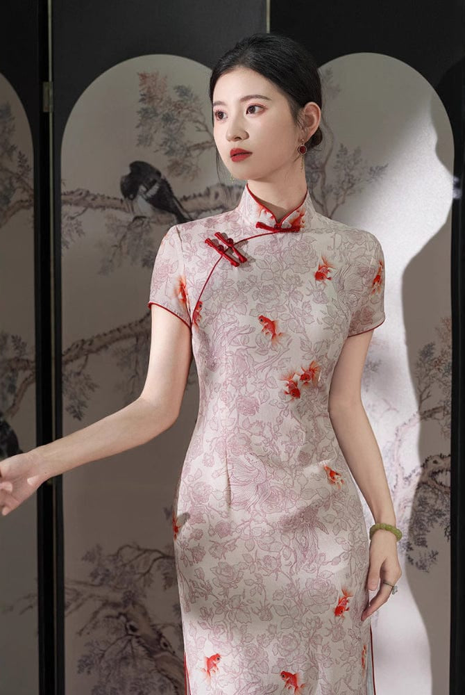 Beth and Brian Qipao-XWC Fish and floral pattern, linen midi Cheongsam