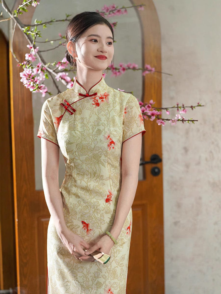 Beth and Brian Qipao-XWC Fish and floral pattern, linen midi Cheongsam