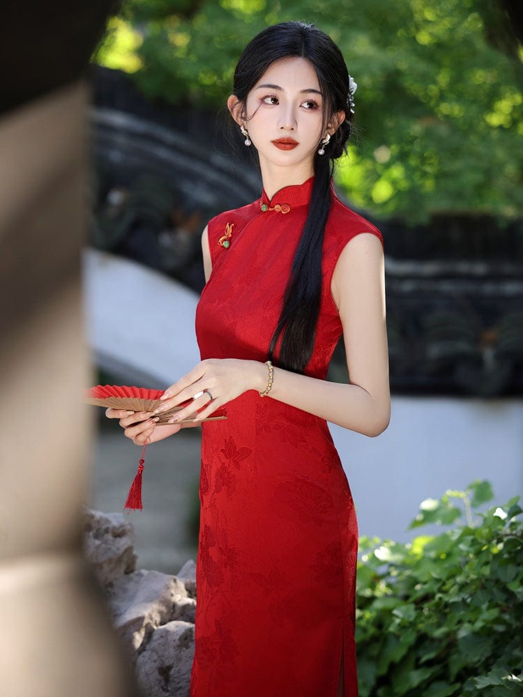 Beth and Brian Qipao-YG Floral pattern, jacquard satin midi Cheongsam