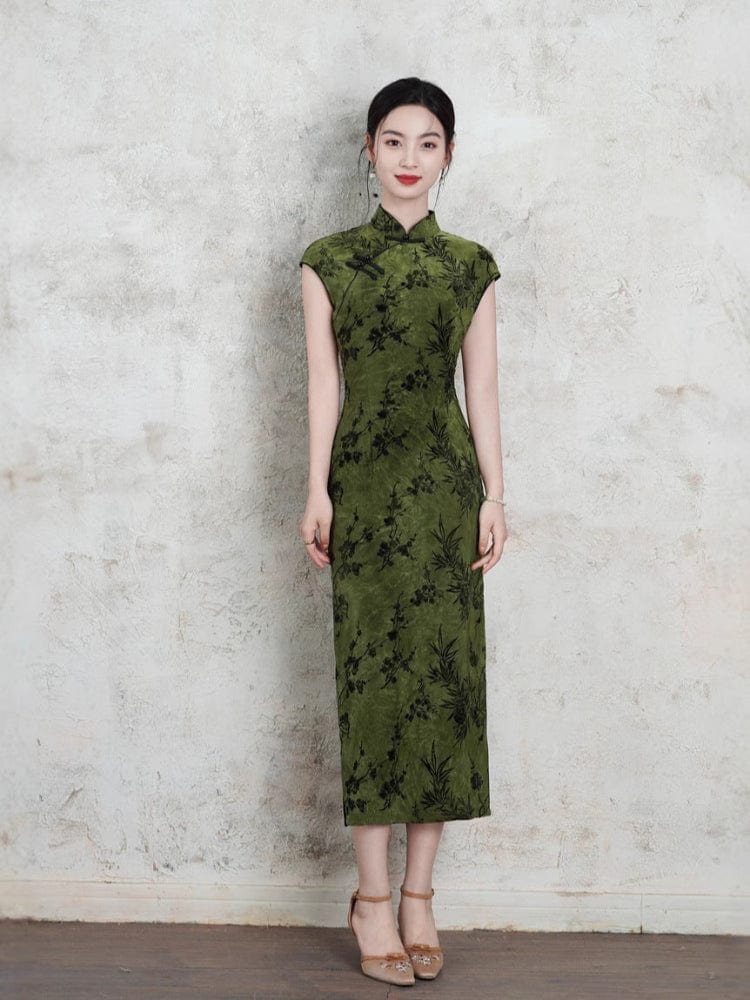 Beth and Brian Qipao-XL Flocking fabric, floral midi Cheongsam