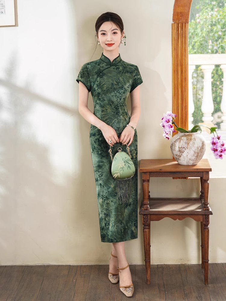 Beth and Brian Qipao-XL Flocking fabric, floral midi Cheongsam