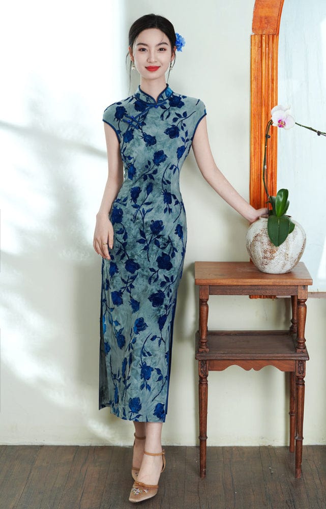 Beth and Brian Qipao-XL Flocking fabric, floral midi Cheongsam