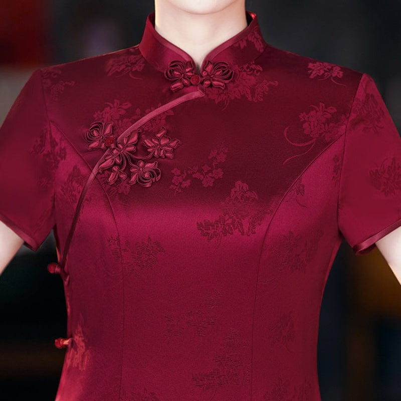 Beth and Brian Qipao-QZYF Floral pattern, acetate satin fabric, wine red midi Cheongsam