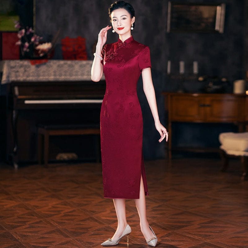 Beth and Brian Qipao-QZYF Floral pattern, acetate satin fabric, wine red midi Cheongsam