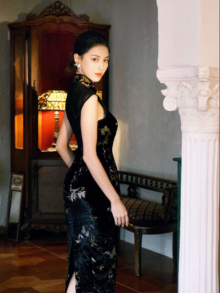 Beth and Brian Qipao-BYS Velvet fabric, butterfly pattern midi Cheongsam