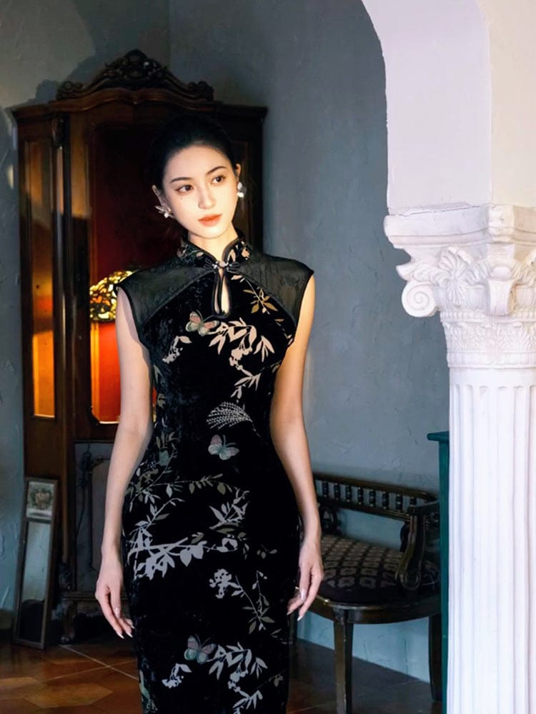 Beth and Brian Qipao-BYS Velvet fabric, butterfly pattern midi Cheongsam