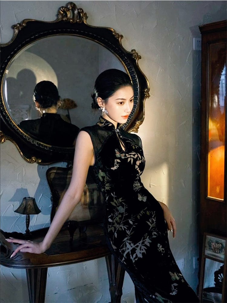 Beth and Brian Qipao-BYS Velvet fabric, butterfly pattern midi Cheongsam