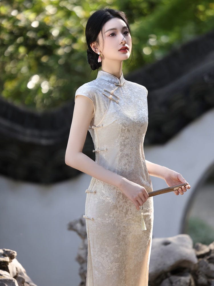 Beth and Brian Qipao-YG Floral pattern, beige midi Cheongsam with raglan sleeves