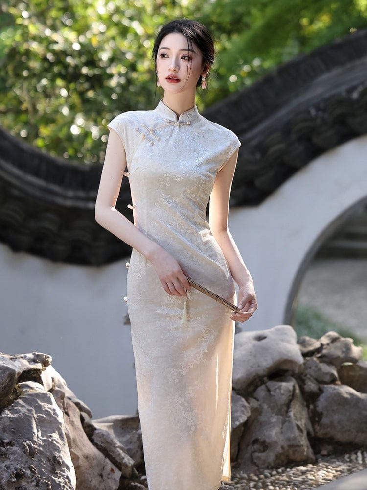 Beth and Brian Qipao-YG Floral pattern, beige midi Cheongsam with raglan sleeves