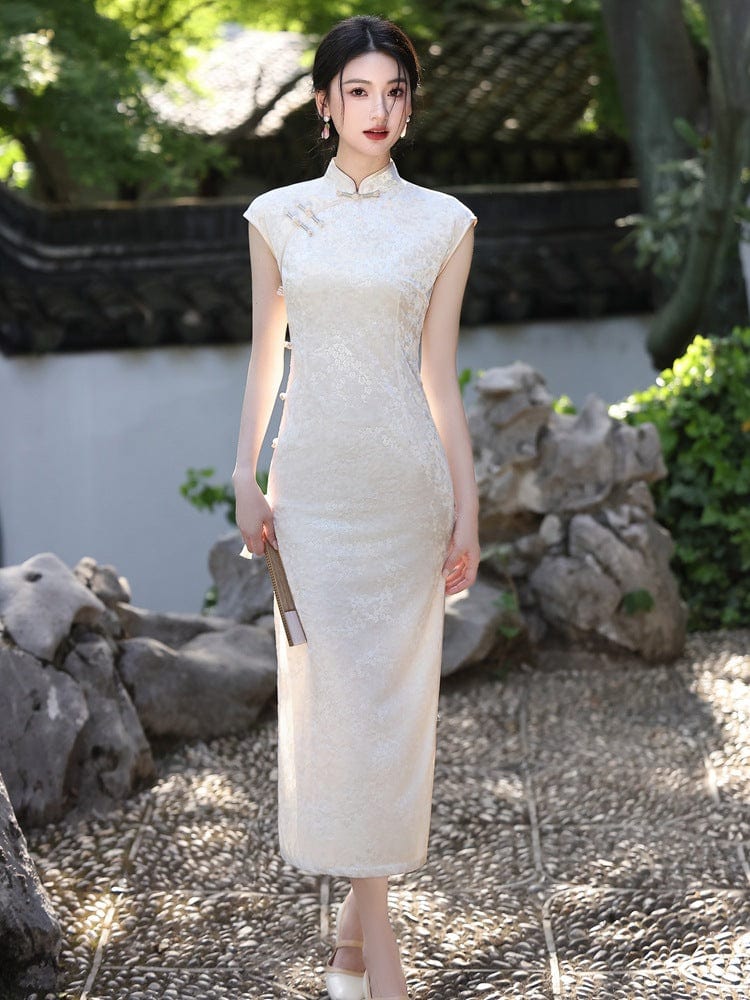 Beth and Brian Qipao-YG Floral pattern, beige midi Cheongsam with raglan sleeves