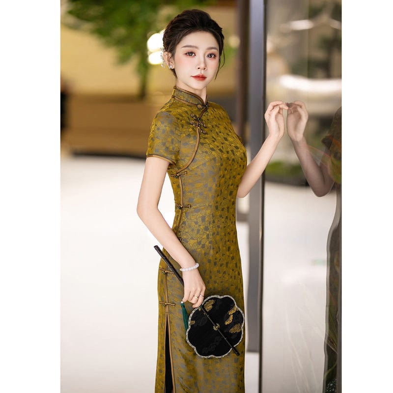 Beth and Brian Qipao-WXG 19 mome mulberry silk, high-end, yellow long Cheongsam
