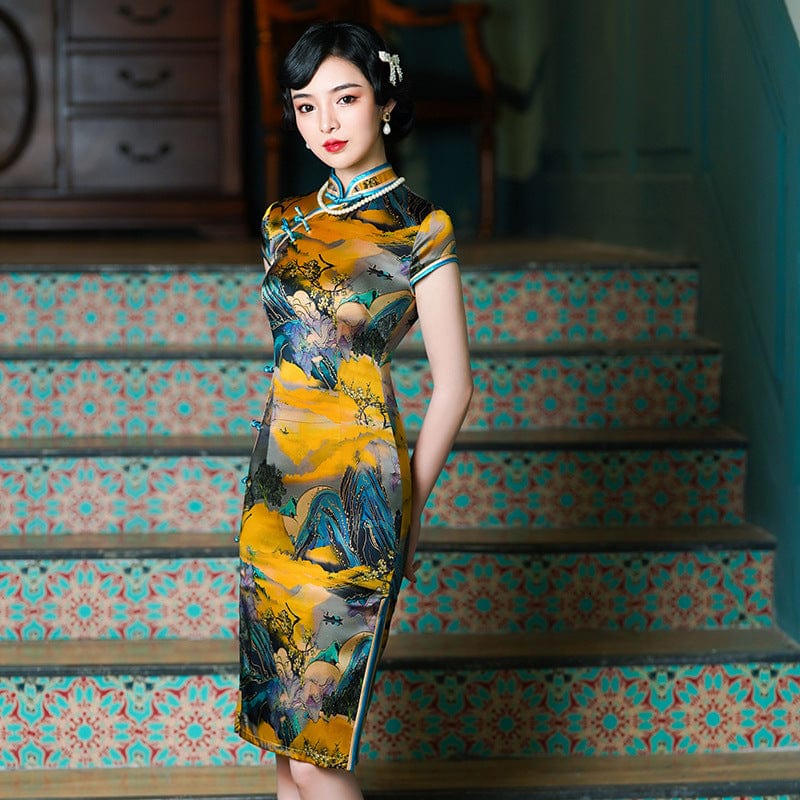 Beth and Brian Qipao-WXG High-end, 19 mome mulberry silk, thousand Miles of Mountains midi Cheongsam