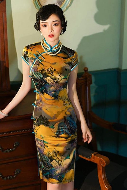 Beth and Brian Qipao-WXG High-end, 19 mome mulberry silk, thousand Miles of Mountains midi Cheongsam