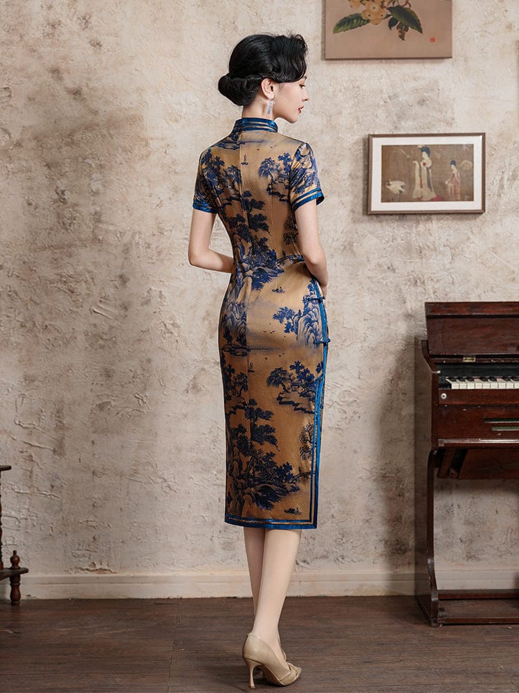Beth and Brian Qipao-JD 19 mome mulberry silk, high-end, thousand Miles of Mountains midi Cheongsam
