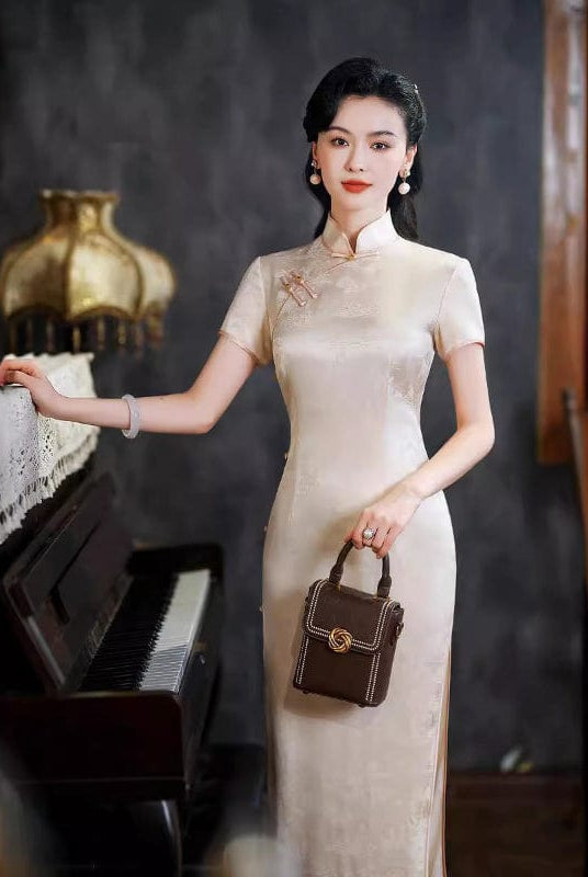 Beth and Brian Qipao-QXY Floral pattern, acetate fabric, beige long Cheongsam