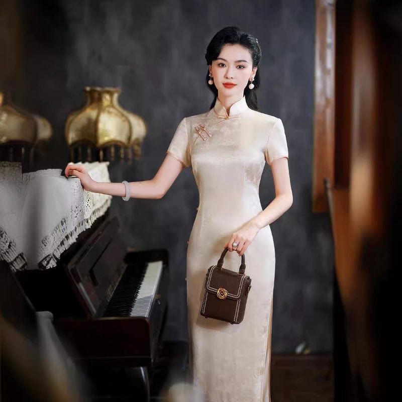 Beth and Brian Qipao-QXY Floral pattern, acetate fabric, beige long Cheongsam