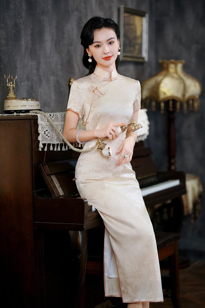 Beth and Brian Qipao-QXY Floral pattern, acetate fabric, beige long Cheongsam