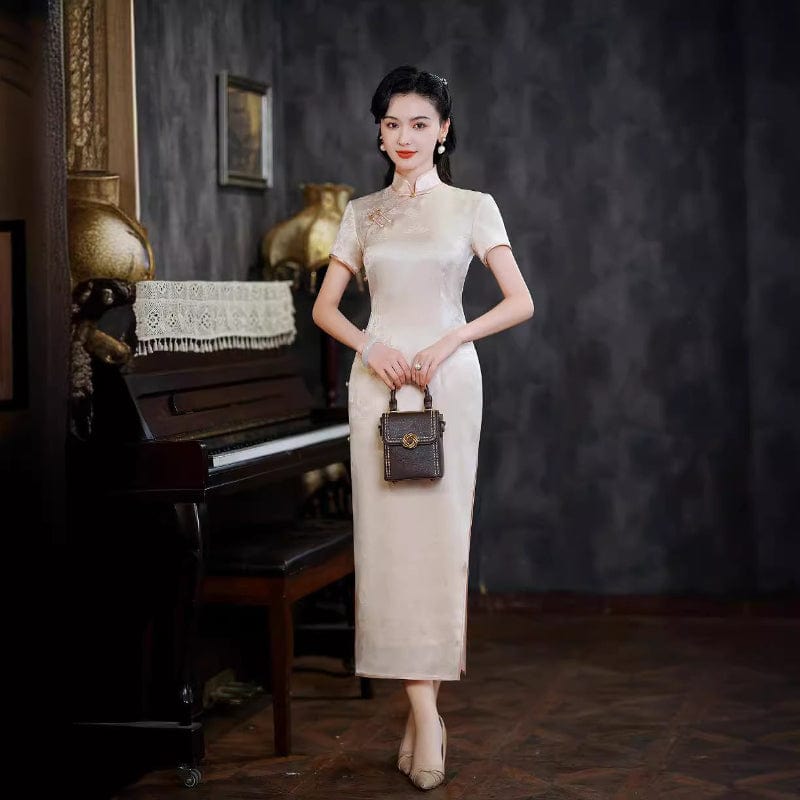 Beth and Brian Qipao-QXY Floral pattern, acetate fabric, beige long Cheongsam