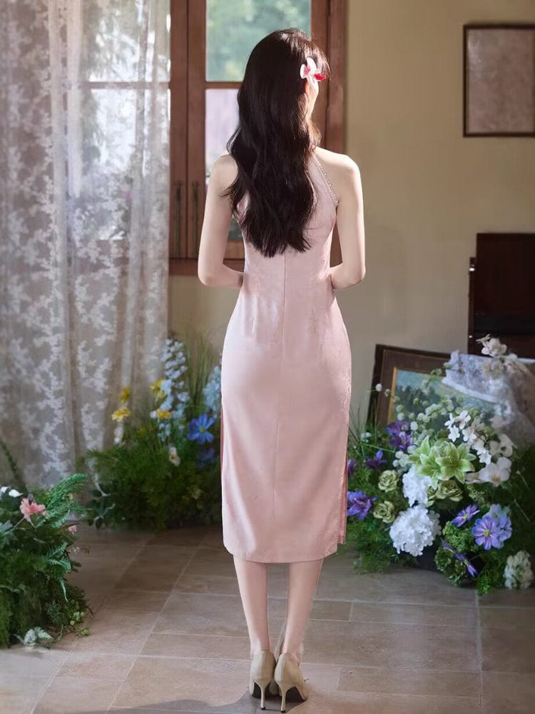 Beth and Brian Qipao-TMX Floral pattern, New Chinese style(新中式), pink&blue midi Cheongsam