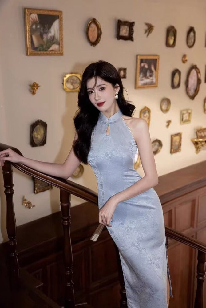 Beth and Brian Qipao-TMX Floral pattern, New Chinese style(新中式), pink&blue midi Cheongsam