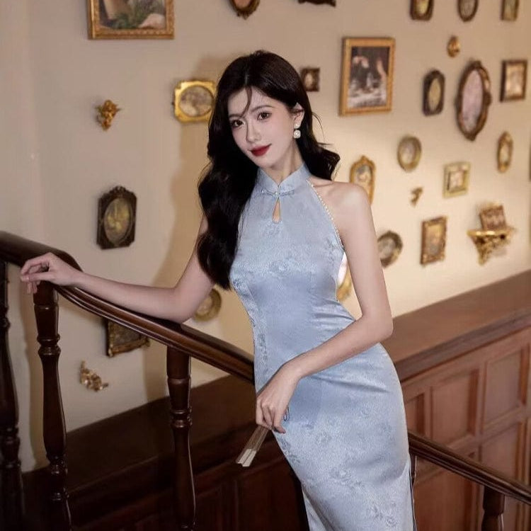 Beth and Brian Qipao-TMX Floral pattern, New Chinese style(新中式), pink&blue midi Cheongsam