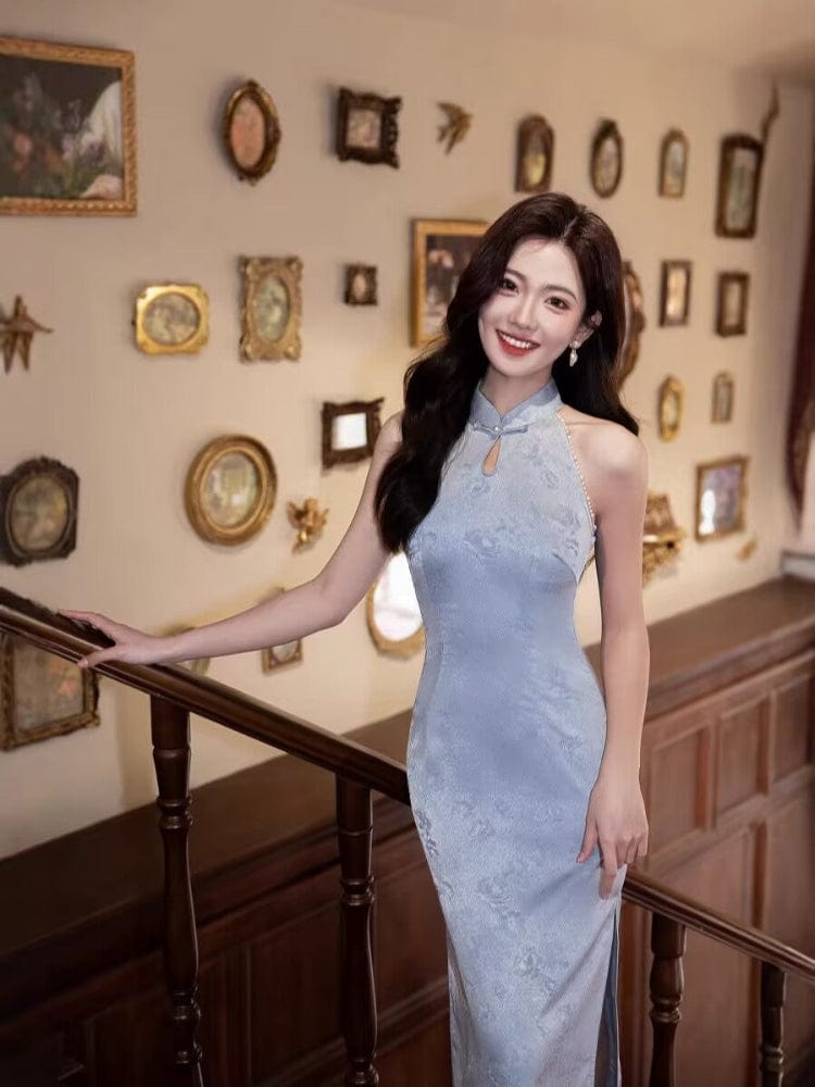 Beth and Brian Qipao-TMX Floral pattern, New Chinese style(新中式), pink&blue midi Cheongsam