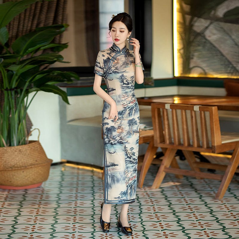 Beth and Brian Qipao-SYG Chinese ink painting, blue long Cheongsam for mother