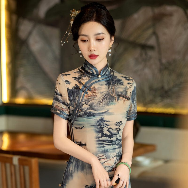 Beth and Brian Qipao-SYG Chinese ink painting, blue long Cheongsam for mother