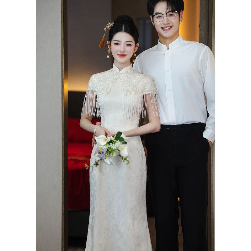 BethandBrianQipao-ZZZH Floral pattern, champagne wedding Cheongsam set