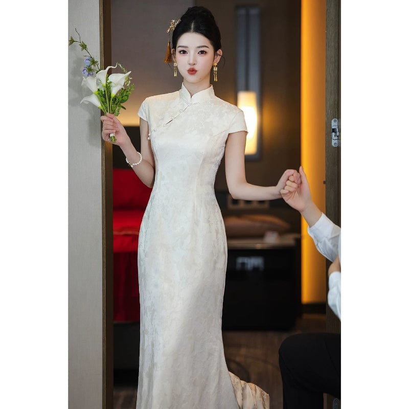 BethandBrianQipao-ZZZH Floral pattern, champagne wedding Cheongsam set
