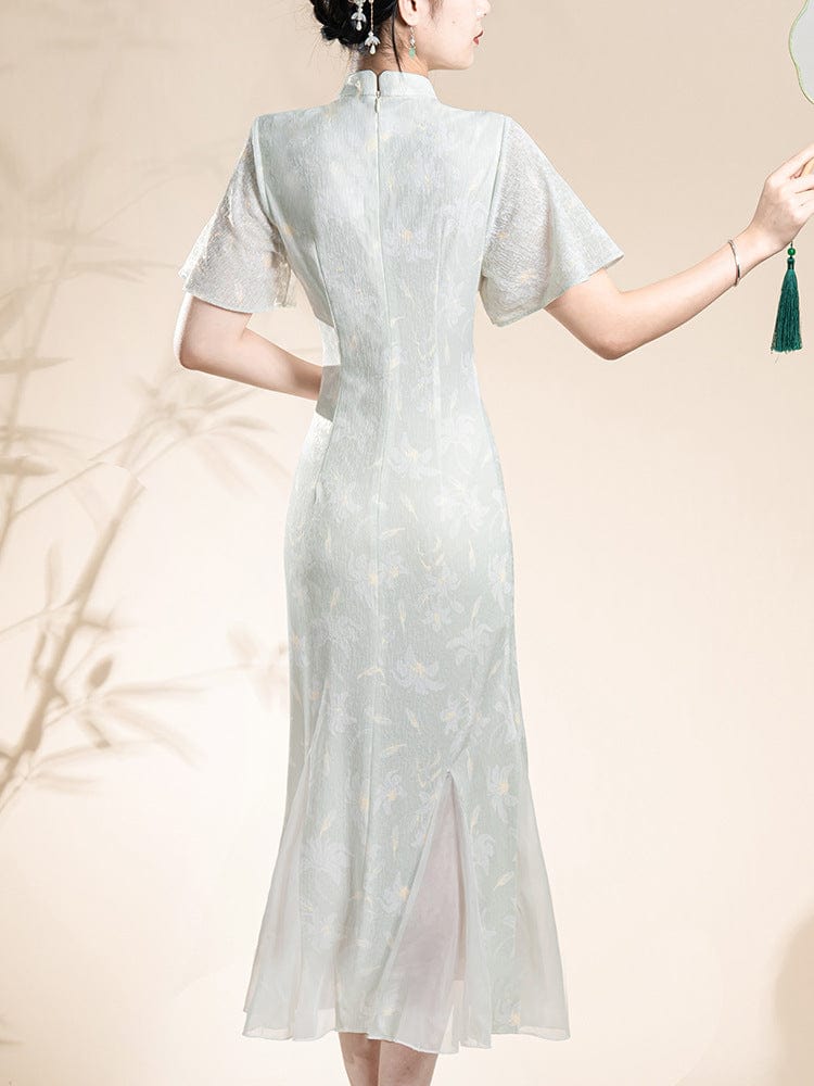 Beth and Brian Qipao-KB Floral pattern, green lace mid-length Qipao