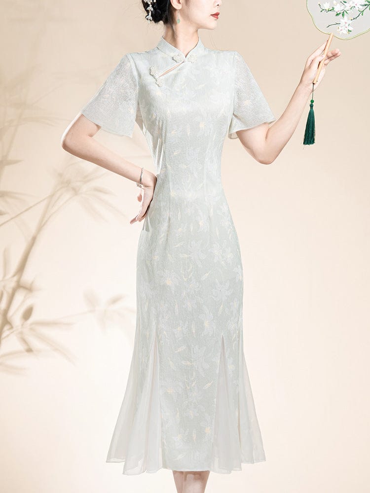 Beth and Brian Qipao-KB Floral pattern, green lace mid-length Qipao