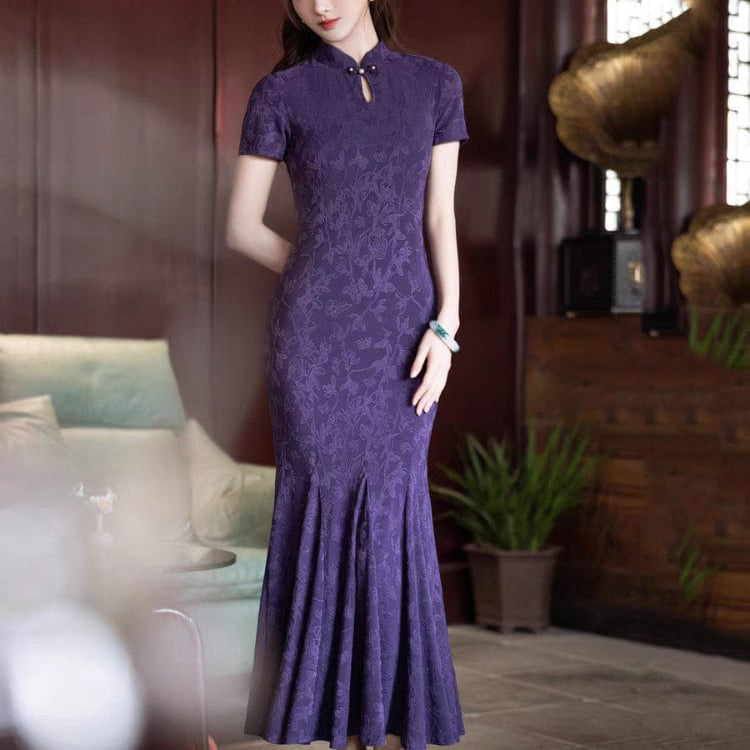 Beth and Brian Qipao-MYJ Floral pattern, mermaid long Cheongsam