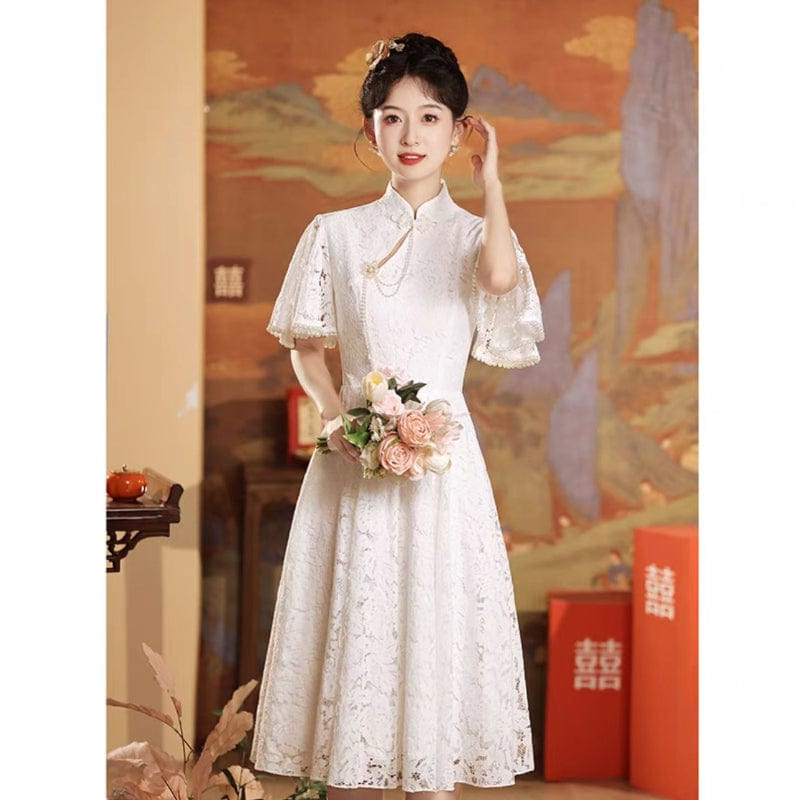 Beth and Brian Qipao - ZZZH Floral pattern, lace white mid-length&long Cheongsam