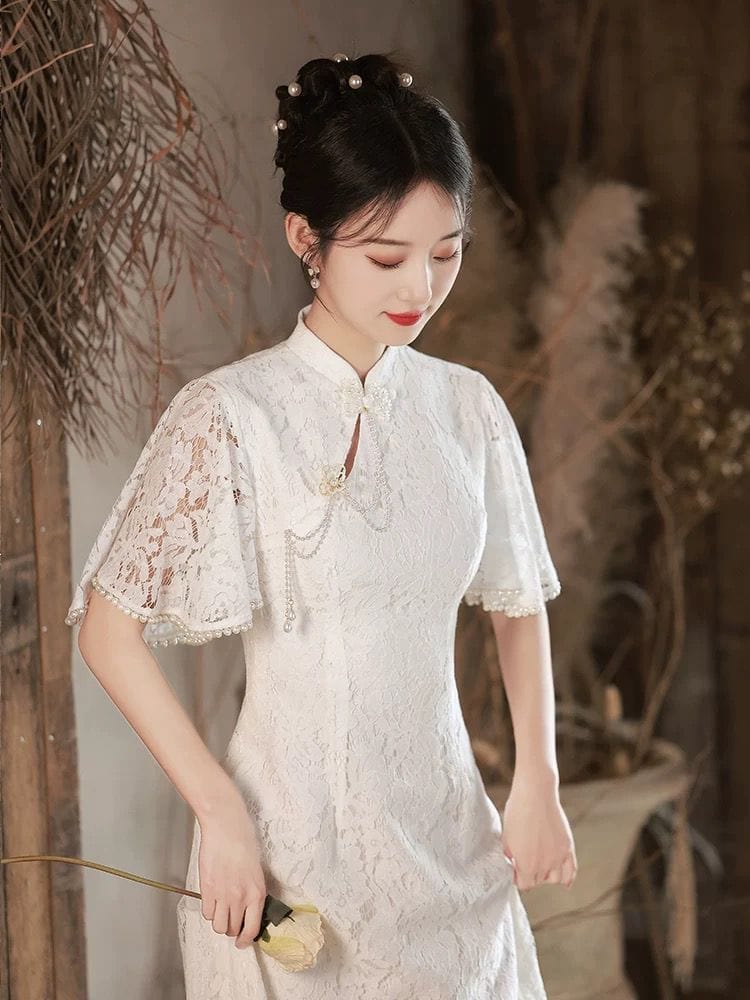 Beth and Brian Qipao - ZZZH Floral pattern, lace white mid-length&long Cheongsam