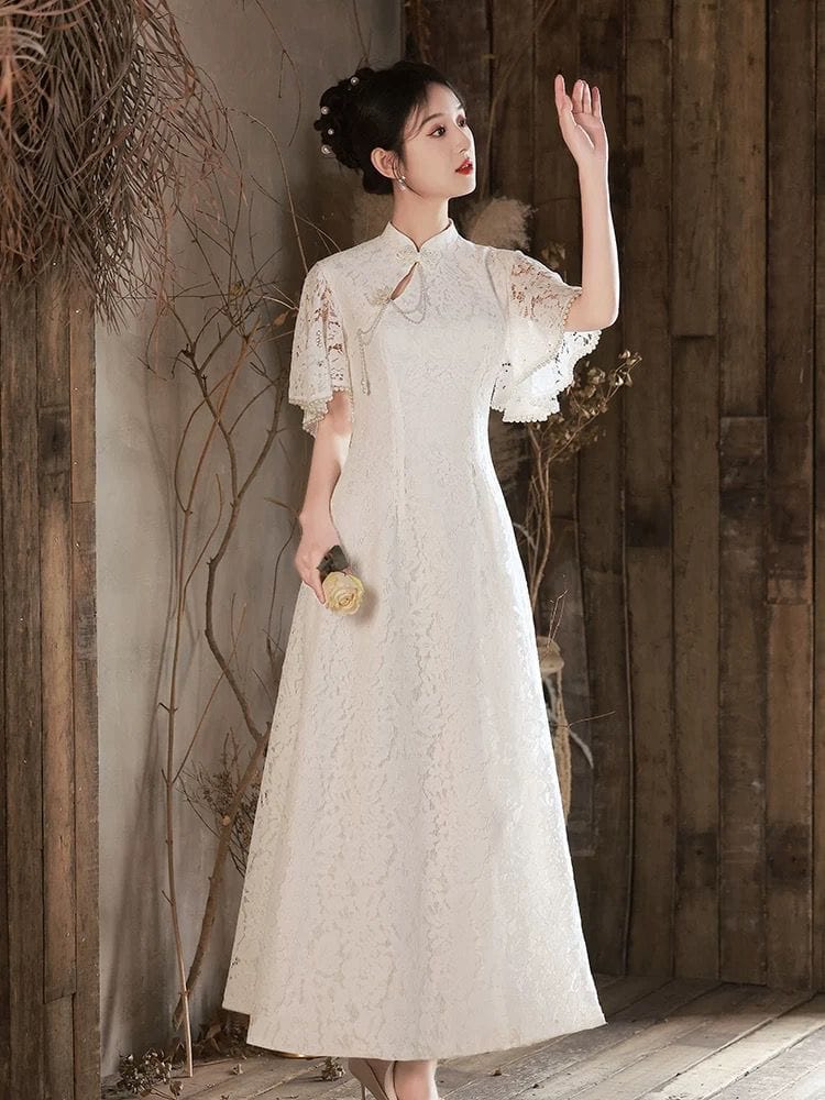 Beth and Brian Qipao - ZZZH Floral pattern, lace white mid-length&long Cheongsam