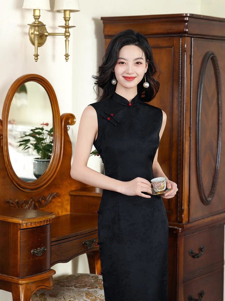 Beth and Brian Qipao-XWC New Chinese style (新中式), sleeveless black long Cheongsam